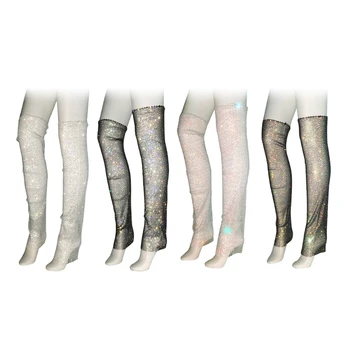 667E Женская ажурная сетка для ночного клуба выше колена, утеплитель для ног, блестящие стразы, длинные носки, чехол для ног, клубная одежда для вечеринок
