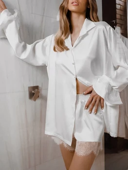 DeuYeng Женский пижамный комплект из 2 предметов, повседневная пижама, рубашка с длинными рукавами и эластичные шорты, комплект для отдыха, мягкая домашняя одежда