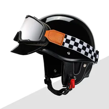 KEAZ Плоские Глянцевые Черные Винтажные Шлемы С Половиной Лица Мотоциклетные Для Взрослых Capacete De Moto Masculino Со Стеклом Галлея 1/2 HelmetDOT