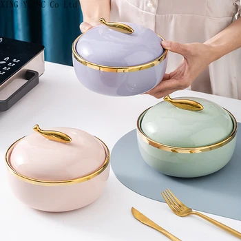 Бытовой керамический пузырь с крышкой Миска для завтрака из салатницы Nordic Home Tableware Supplies Золотая полосатая миска