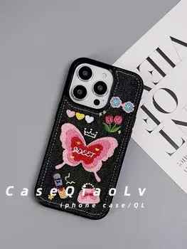 Вышить Цветок Любовь Бабочка Чехлы для iPhone для iPhone 11 12 13 14 Pro Max iPhone Корейский винтажный Черно Белый джинсовый чехол для телефона