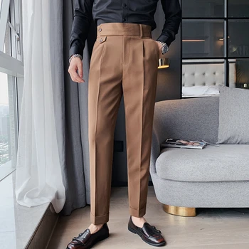Деловой повседневный костюм в британском стиле, мужские модные облегающие однотонные брюки прямого кроя с высокой талией, офисные социальные брюки