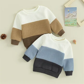 Детские свитера, теплые пуловеры на зиму и осень, круглый вырез для мальчиков, длинный рукав, трикотажные топы контрастного цвета, повседневная модная одежда