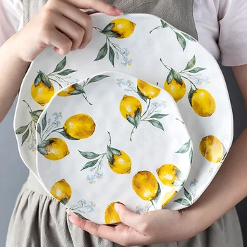 Европейская керамическая тарелка, креативная тарелка для завтрака в деревенском стиле, рисованный Лимон, Настольные тарелки для фруктового салата, Кухонная посуда