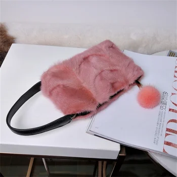 Женская высококачественная меховая сумка для мобильного телефона, высококачественная мини-сумка из меха норки, осенне-зимняя повседневная сумка для мобильного телефона, украшенная шариками для волос
