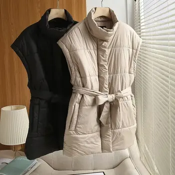 Женская модная двухцветная куртка с хлопковой подкладкой 2023, Жилет в стиле ретро, Без рукавов, Пояс, Женский хлопковый Жилет, Пальто, Модное шикарное пальто.