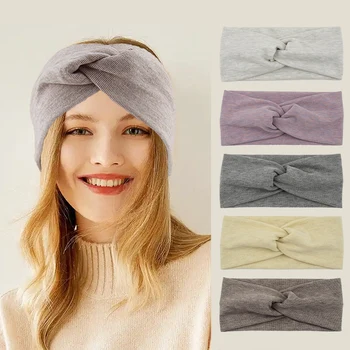Женская модная повязка на голову, однотонный Широкий тюрбан, вязаная хлопковая лента для волос, макияж для девочек, Винтажные резинки для волос, декор для волос