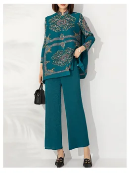 Женская одежда в складку Miyake 2023, осень-зима, модный свободный комплект из двух предметов со стоячим воротником и пуговицами