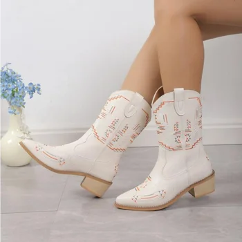 Женские ковбойские сапоги в западном стиле, осенние женские ботинки с острым носком, с тиснением, сапоги до середины икры, удобные короткие сапоги на квадратном каблуке.
