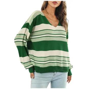 Женский свитер с V-образным вырезом, осенне-зимний полосатый элегантный толстый теплый вязаный пуловер с длинным рукавом, женские повседневные модные джемперы, топы