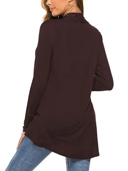 Женский свитер с открытой передней частью, длинный рукав, однотонный вязаный повседневный базовый драповый кардиган, трикотаж с карманом, осень-зима