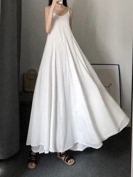 Женское платье Лето 2023, Новое белое платье, плиссированное, Длинное, элегантное, на бретельках, с V-образным вырезом, без рукавов, модные длинные платья