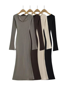 Женское трикотажное платье миди-труба, весна-осень, тонкие эластичные платья русалки с V-образным вырезом