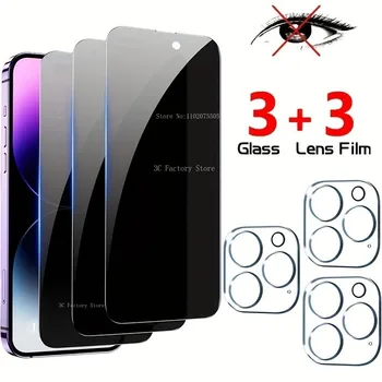 Защитная Пленка для Экрана 6 В 1 с Полным Покрытием Privacy Glass с Линзой Glasses Film Для iPhone 11 Pro Max 12 13 Mini 14 15 Pro Max Glass