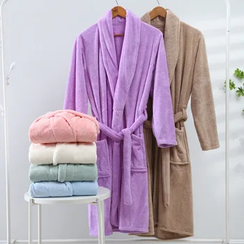 Зимний Однотонный Толстый Теплый фланелевый халат, пижамы, кимоно из кораллового флиса, халат с карманом для халата, Женская домашняя одежда, пеньюар, Домашняя ночная рубашка