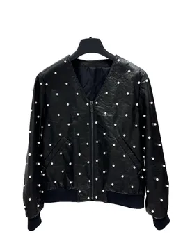 Кожаная куртка на молнии с V-образным вырезом, украшенная жемчугом, повседневная мода 2024, осень, новинка 1101