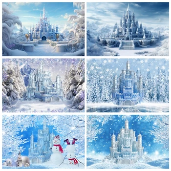 Ледяной замок, зимний фон для фотосъемки, Снеговики в белом мире, Детский душ, Рождественская вечеринка, фон для фотостудии, Реквизит для фотосъемки