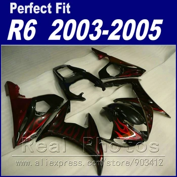 Лидер продаж, запчасти для мотоциклов YAMAHA R6, комплект обтекателей 2003 2004 2005, красное пламя в черном, подходят для обтекателей YZF R6 03 04 05