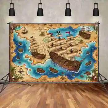 Луна.QG Background Пиратский корабль Мальчики Сказочный фон на день рождения для фотосессии Карта мира Сокровище Колесо с черепом Реквизит для домашней фотосъемки