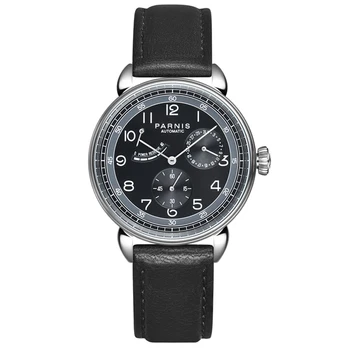 Модные мужские часы Parnis 42 мм с черным циферблатом, автоматические механические мужские часы, кожаный ремешок, Календарь, мужские роскошные часы relojes para hombre