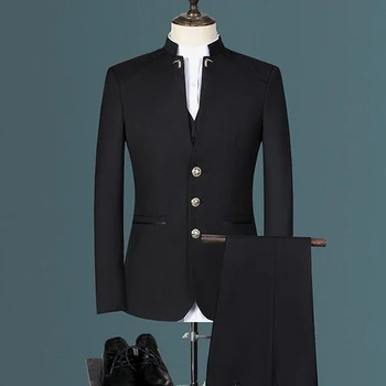 Мужской блейзер со стоячим воротником, брюки, жилет, деловой мужской свадебный костюм, пиджак, пальто, брюки, жилет, высококачественный комплект из тонкого платья-жилета