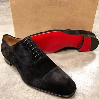 Новая мужская обувь с красной подошвой, черные туфли-дерби из флока, Дышащая мужская обувь ручной работы на шнуровке, Chaussures Pour Hommes