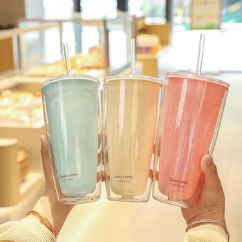 Новая простая однотонная двухслойная пластиковая чашка большой емкости, домашняя офисная соломенная чашка, летний напиток, кофейная чашка, чашка для воды