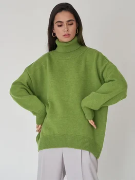 Однотонный свитер с высоким воротом 2023, Осенне-Зимняя мода, Новая Свободная вязка, Универсальный Элегантный пуловер с имитацией шерсти, Джемпер