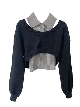 Осенняя женщина, американские винтажные комплекты из двух предметов, дизайнерские пуловеры, топы, укороченный свитер контрастного цвета с длинным рукавом, джемпер Gyaru 2000-х годов