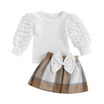 Осенняя одежда из 2 предметов для маленьких девочек, топы с длинными пышными рукавами + юбка в клетку, комплект детской весенней одежды