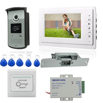 Проводной 7-дюймовый Видеодомофон Домофон Система Входа 1 Монитор + 1 ИК-Камера RFID-доступа 1000TVL + Электрический врезной замок