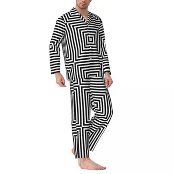 Психоделическая пижама Для мужчин, Квадратная Оптическая иллюзия, Прекрасная Повседневная пижама, Осень, 2 предмета, Пижамные комплекты винтажного дизайна Oversize