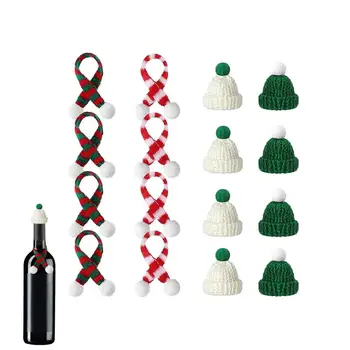 Рождественские украшения для бутылок вина, Рождественская вязаная шапка и шерстяной мини-шарф, 16 шт., украшения для Рождественской елки своими руками, украшения для Рождественской елки для