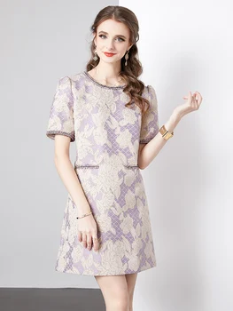 Роскошная женская мода для подиума С цветочной вышивкой, Фиолетовое Тонкое вечернее платье для вечеринок, Женское Повседневное жаккардовое платье с коротким рукавом