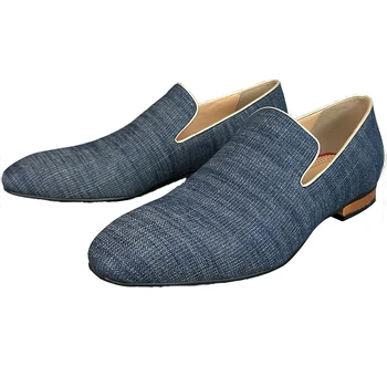 Синие джинсовые туфли Мужские на плоской подошве из роскошной ткани с острым носком, модные мужские лоферы