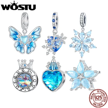 Талисманы WOSTU из стерлингового Серебра 925 пробы в виде снежинки и бабочки, бусины в виде голубой хрустальной Короны, подходят для подарка в виде браслета и Ожерелья 