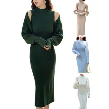 Удобное платье из мягкой ткани, элегантное женское трикотажное платье с высокой талией, комплект с кардиганом, тонкое длинное платье-свитер для вечера.